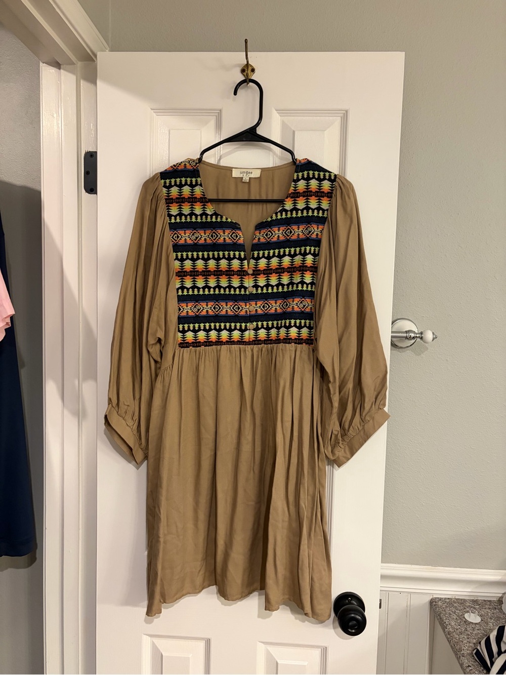 Umgee Babydoll Tunic Dress Tribal Boho Puff Sleeve Tan Large - Picture 2 of 7